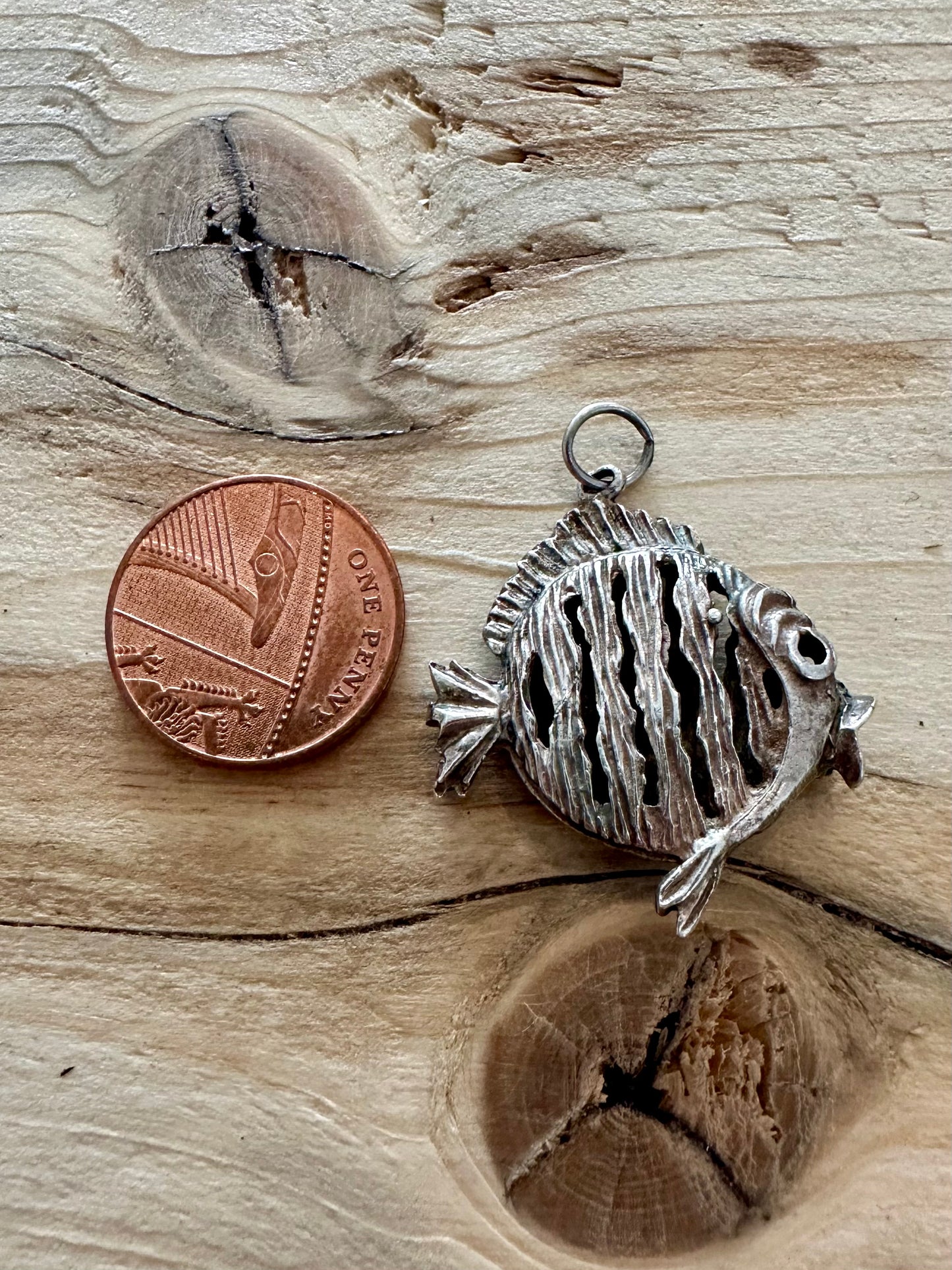 Vintage Large Textured Fish 925 Silver Pendant