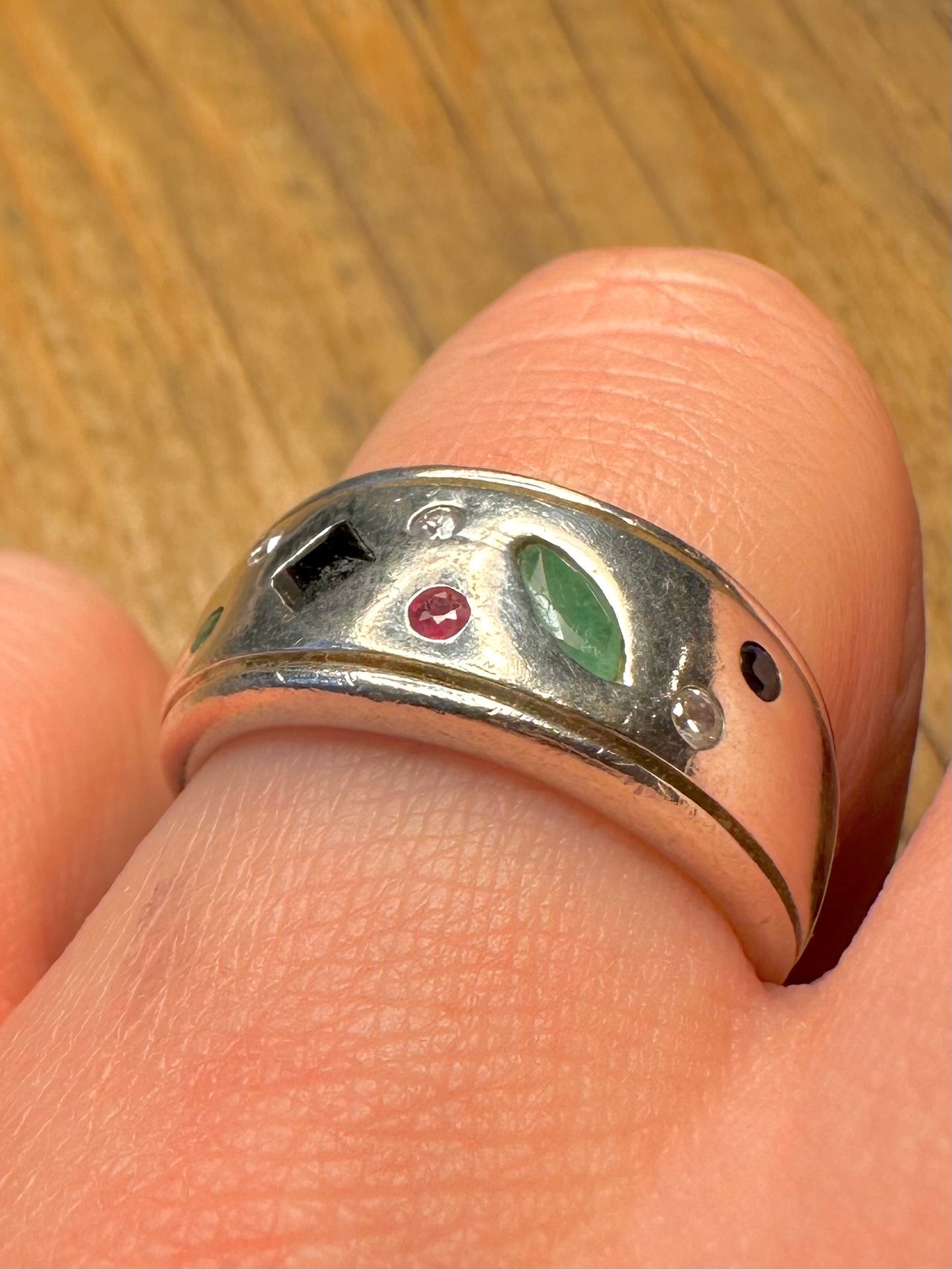 Modernist Multi Gemstone Inlay 925 Sterling Silver Size P Ring