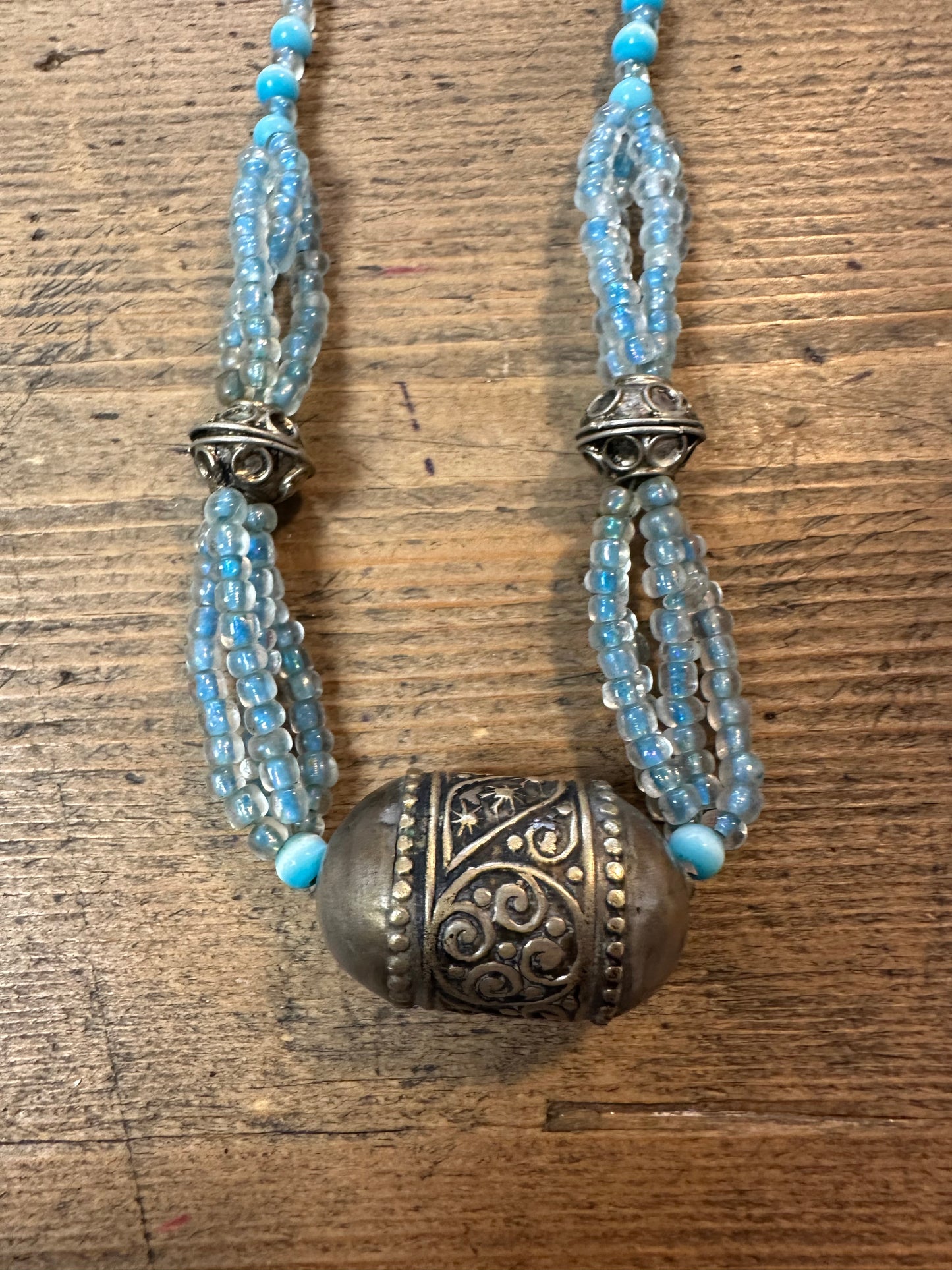 Vintage Boho Indian Blue Beads and Metal Costume Necklace