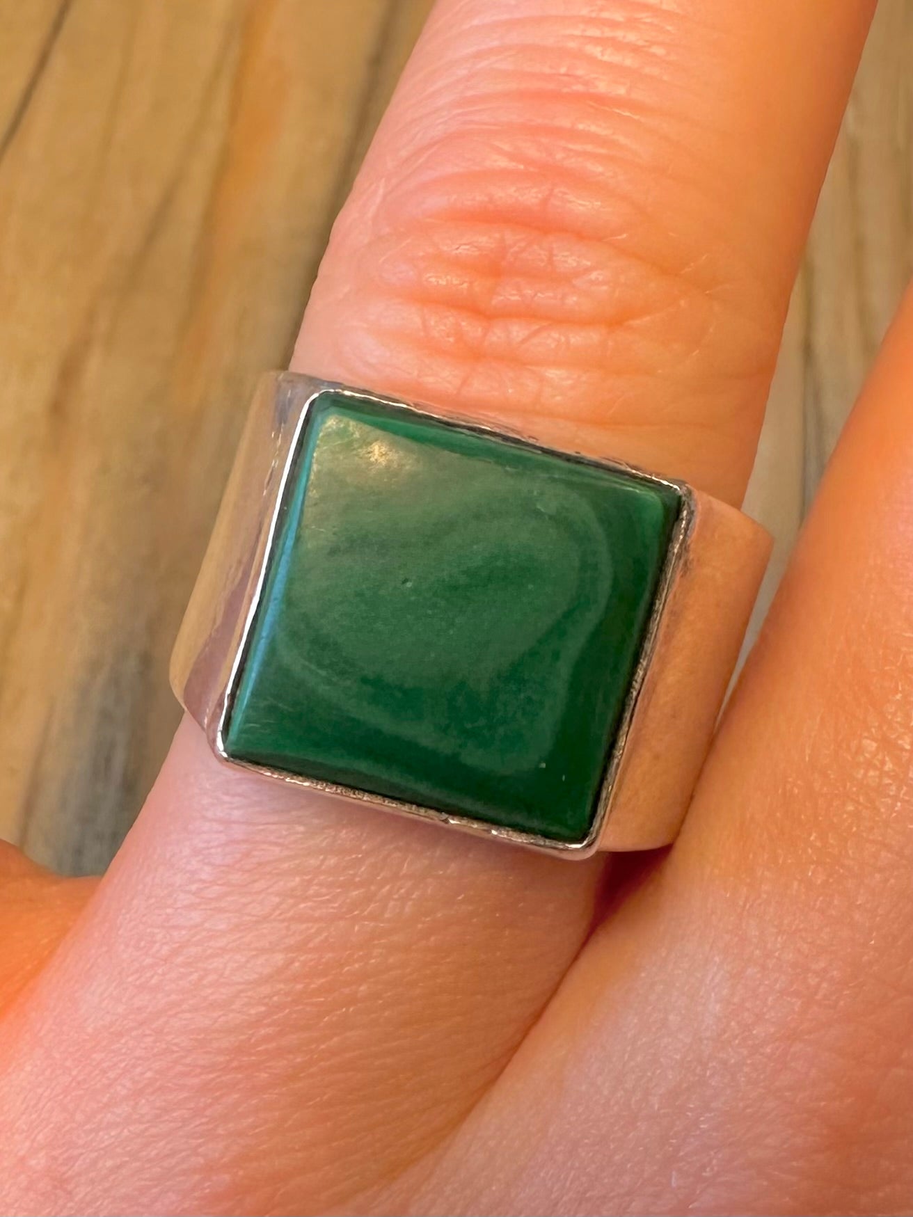 Vintage Chunky Malachite Square 925 Sterling Silver Size T1/2 Ring