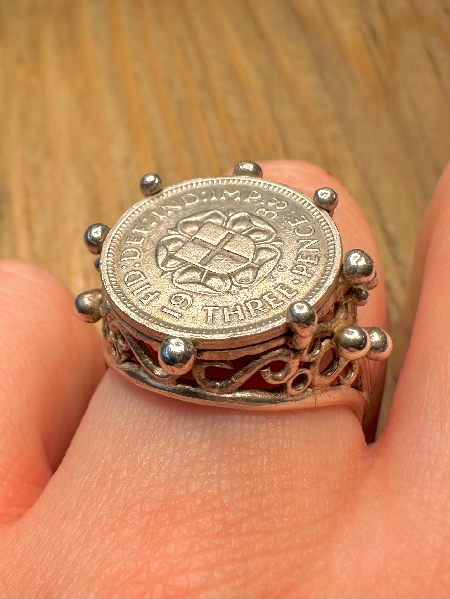Vintage 1937 Threepence Coin 1992 925 Sterling Silver Size P Ring