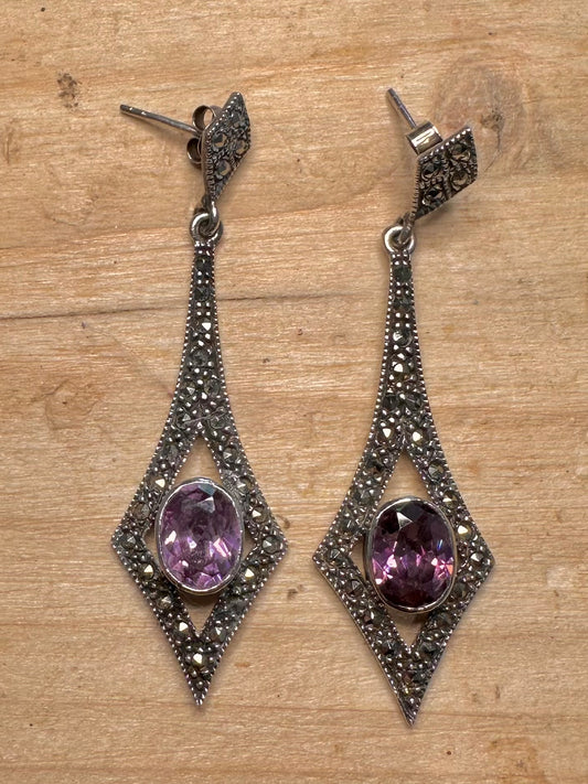 Vintage Art Deco Style Amethyst and Marcasite Dangle 925 Silver Earrings