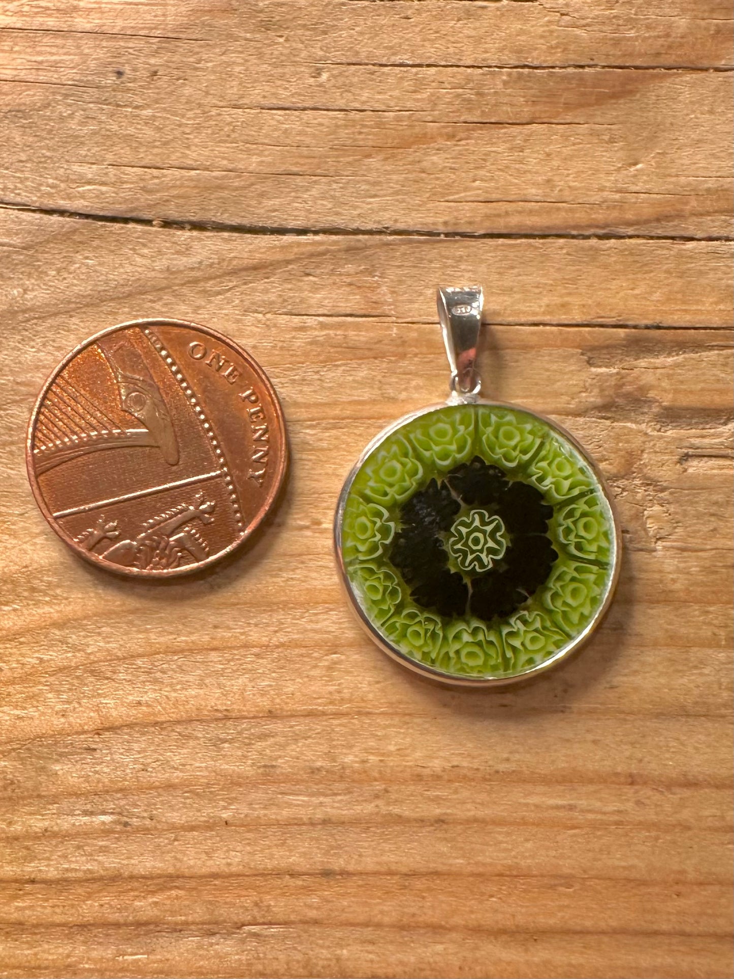 Vintage Millefiori Green Circle 925 Sterling Silver Pendant