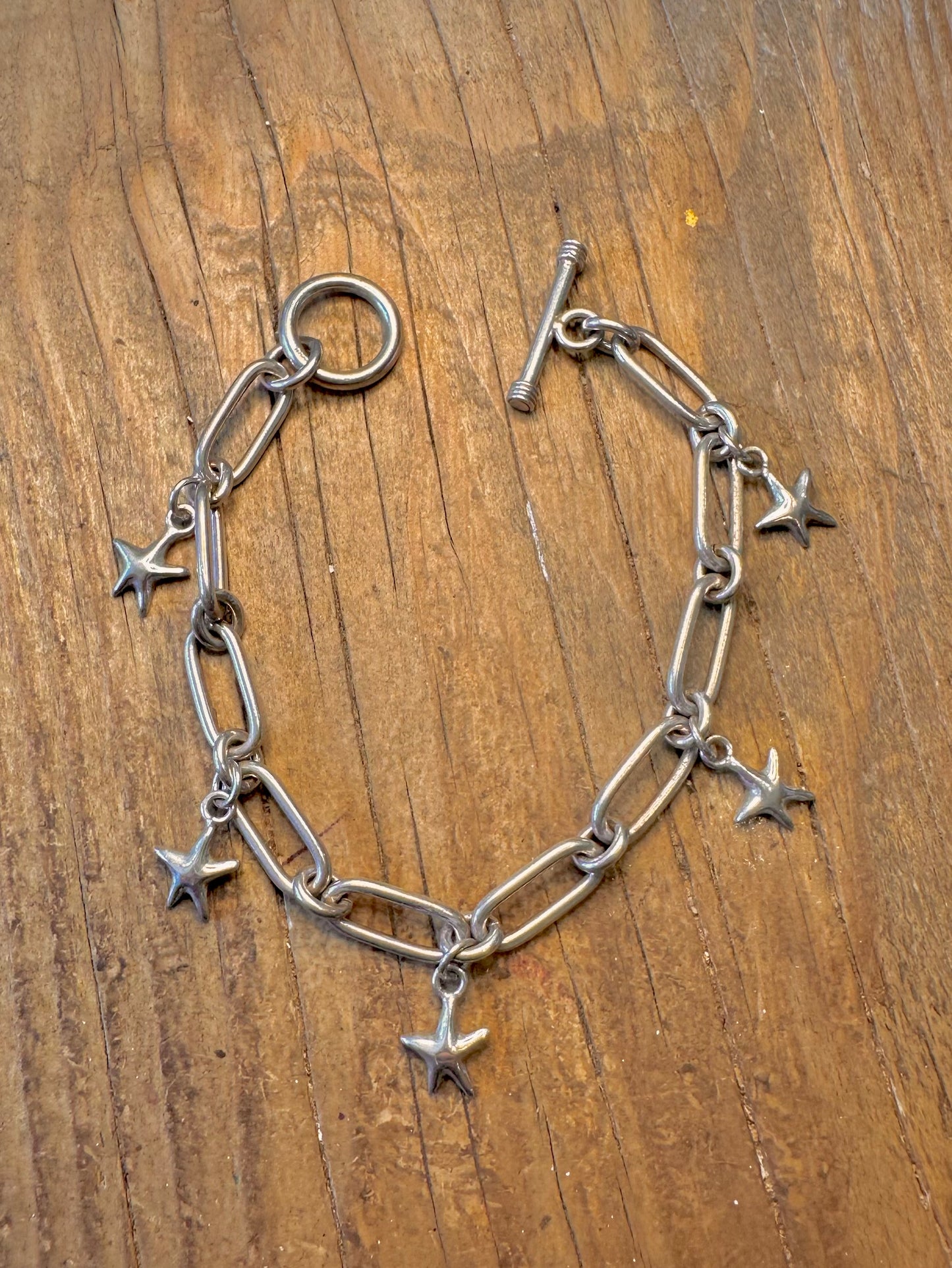 Paper Link T Bar with Star Pendants 925 Sterling Silver 7.5 inch Bracelet