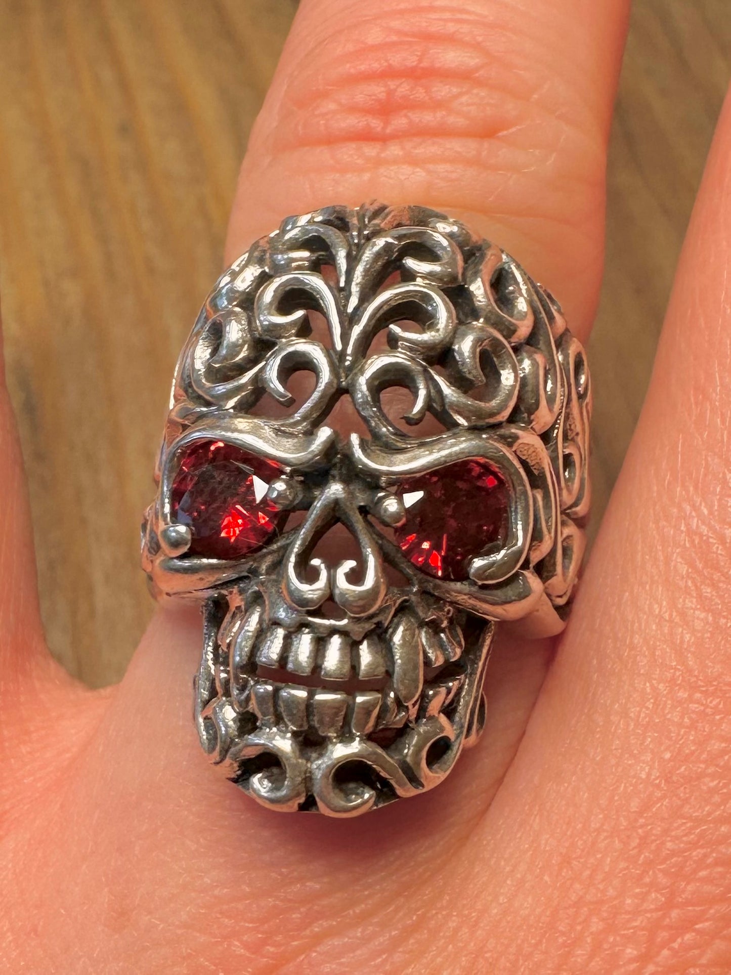Vintage Skull Filigree Red Stone Eyes 925 Sterling Silver Size P Ring