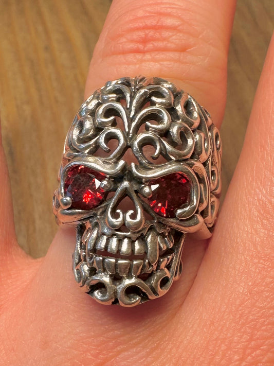 Vintage Skull Filigree Red Stone Eyes 925 Sterling Silver Size P Ring