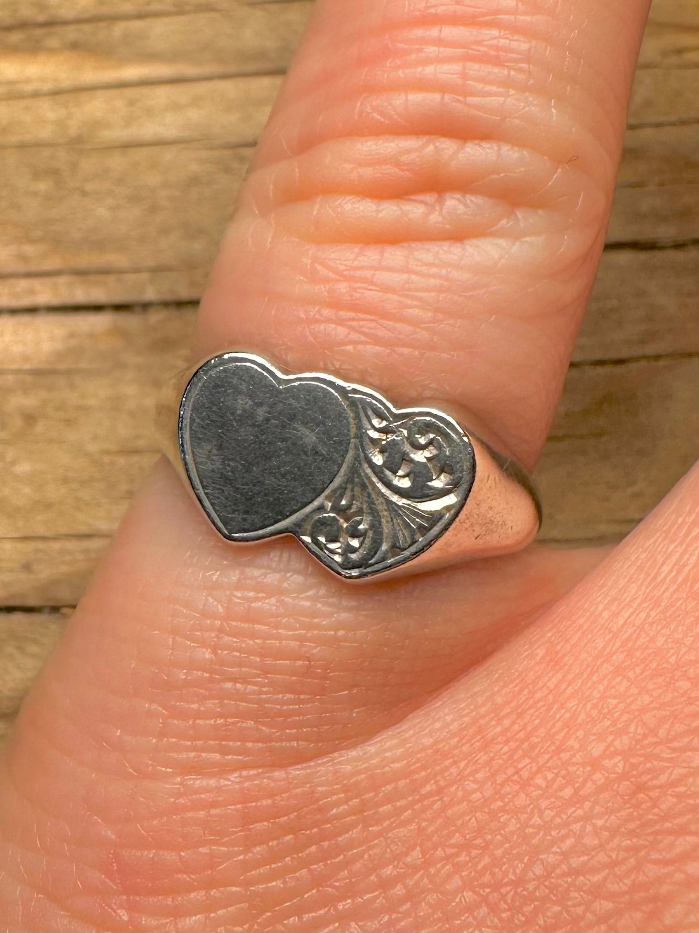 Vintage Double Heart Engraved Signet 925 Sterling Silver Size M Ring