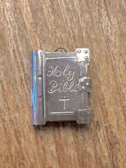 Vintage Holy Bible Book with Paper 925 Sterling Silver Charm Pendant