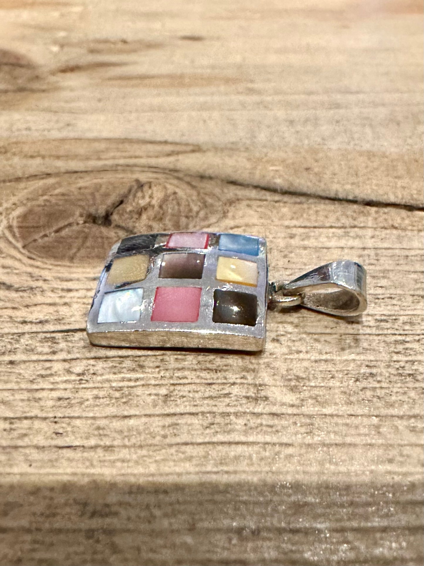 Vintage Square Multi Coloured Mother of Pearl 925 Silver Pendant