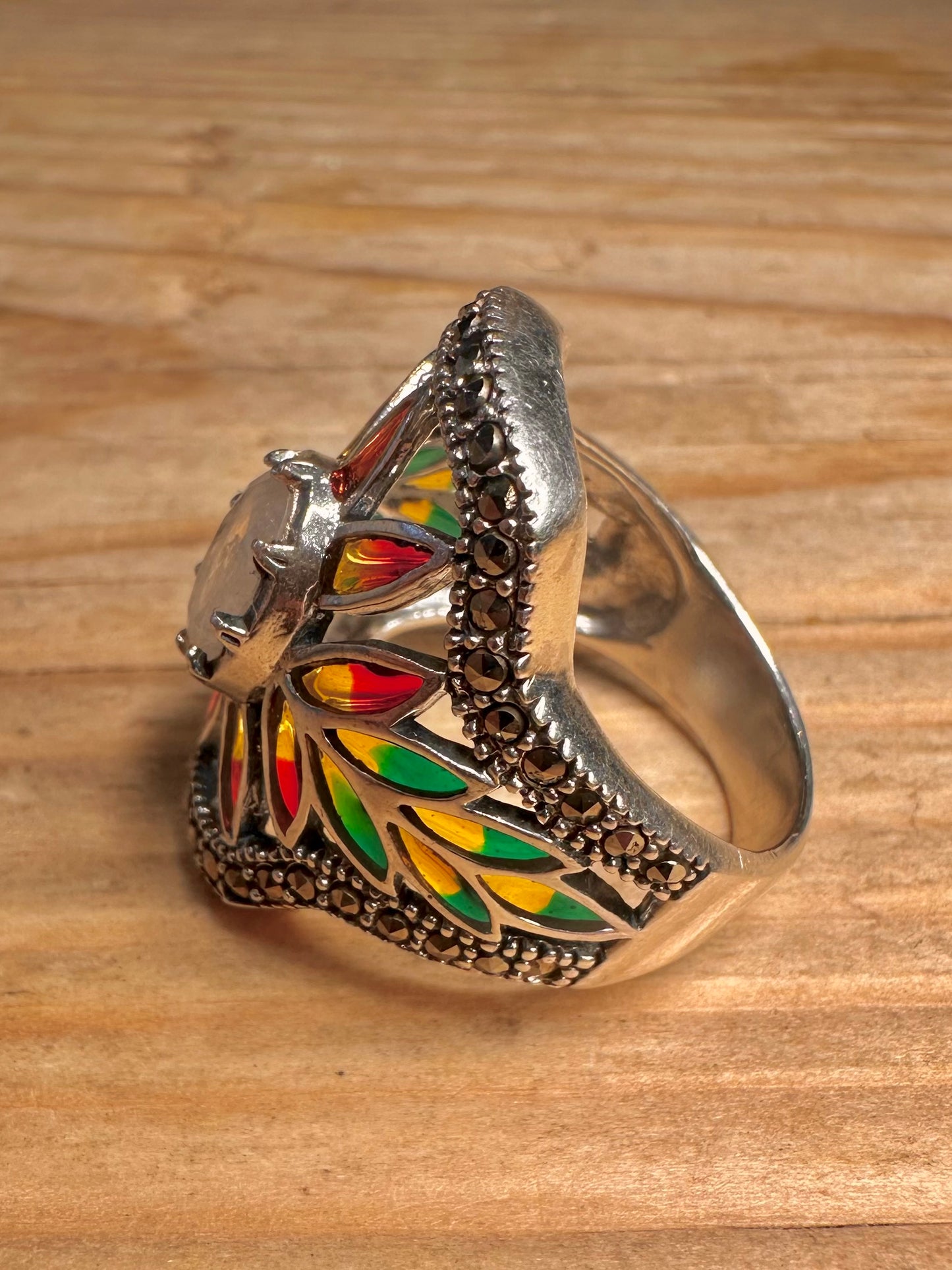 Vintage Moonstone Multi Coloured Stones and Marcasite Floral 925 Sterling Silver Size R Ring
