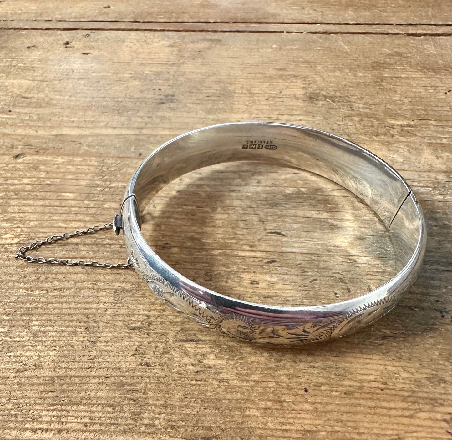 Vintage 1971 Engraved with Safety Chain Hallmarked 925 Silver Bangle