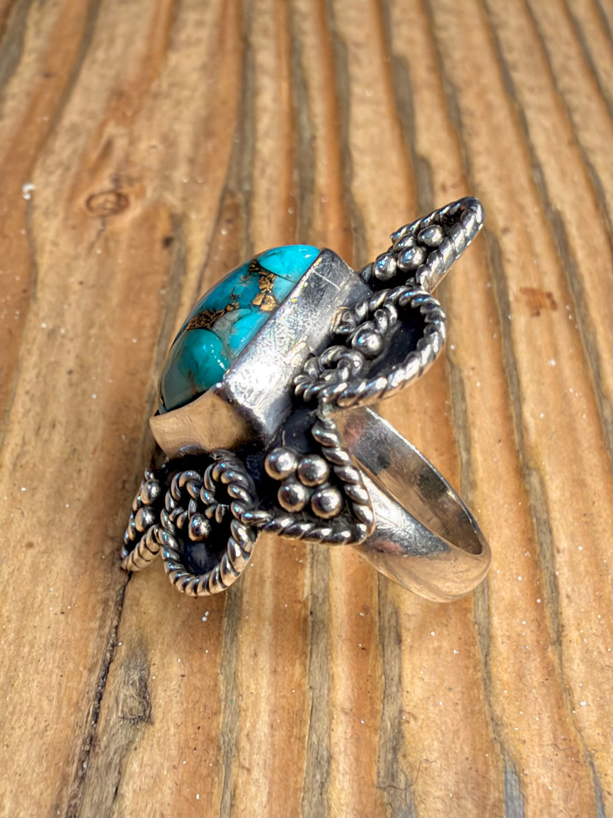 Ornate Turquoise Rope Beaded Border 925 Sterling Silver Size F1/2 Ring