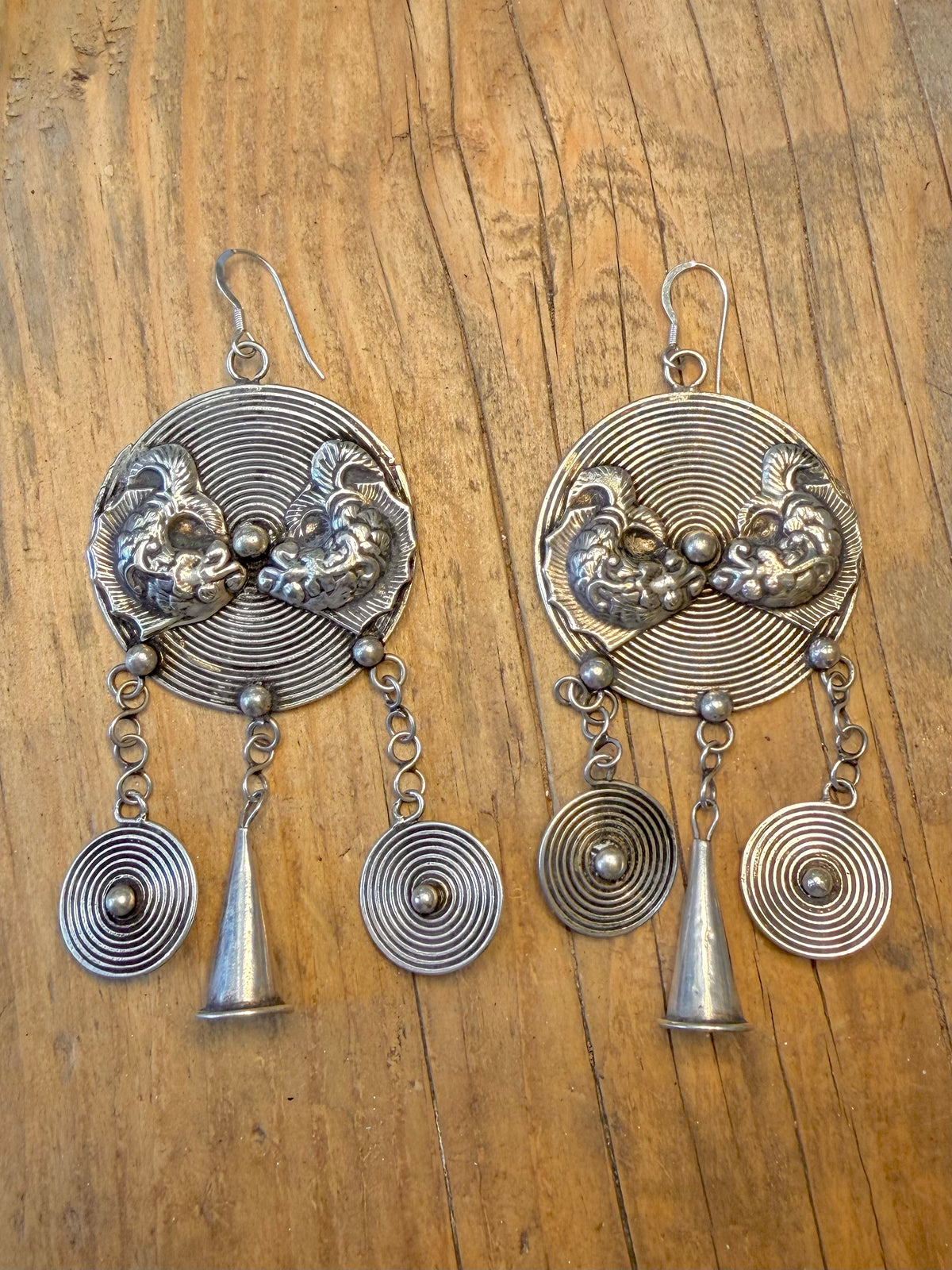 Large Spiral Fish with Dangle Cone 925 Sterling Silver Earrings