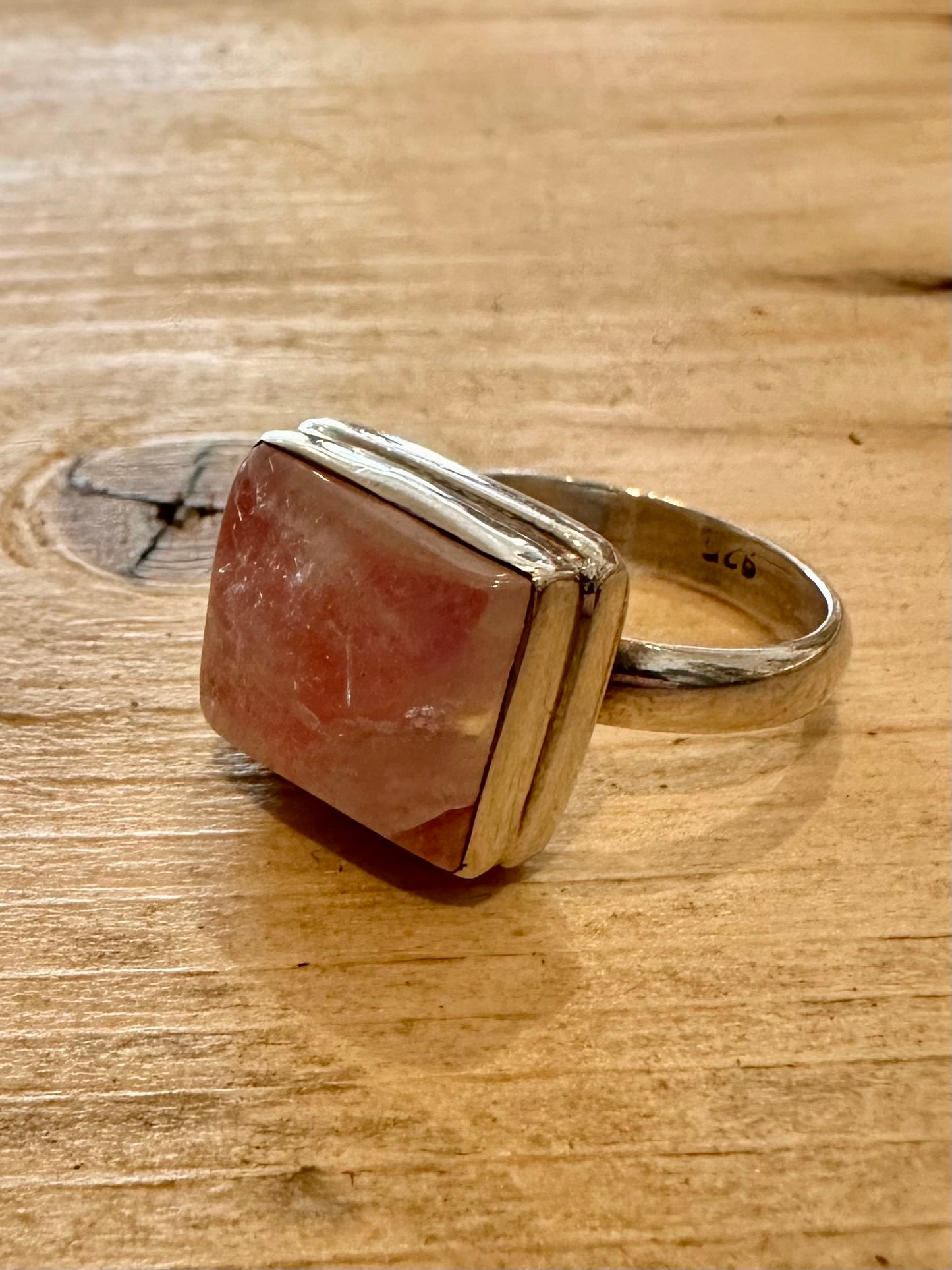 Vintage Pink Quarts Square 925 Silver Size T Ring