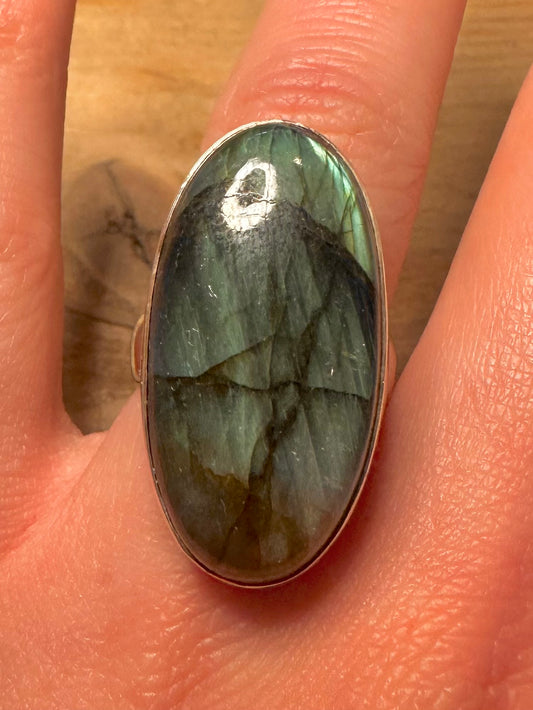 Vintage Large Labradorite 925 Silver Size T Ring