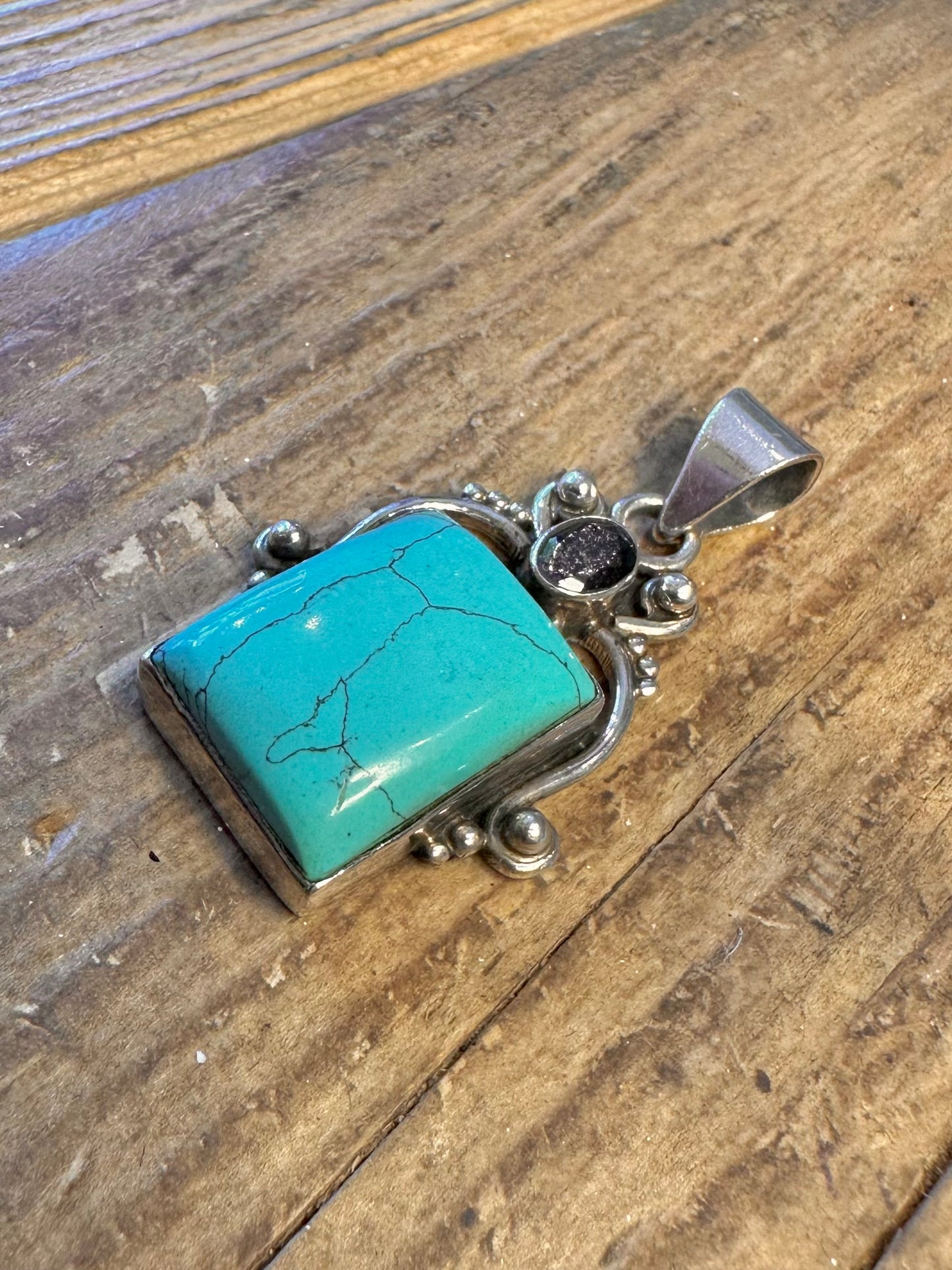 Ornate Turquoise and Dark Blue Stone 925 Sterling Silver Pendant