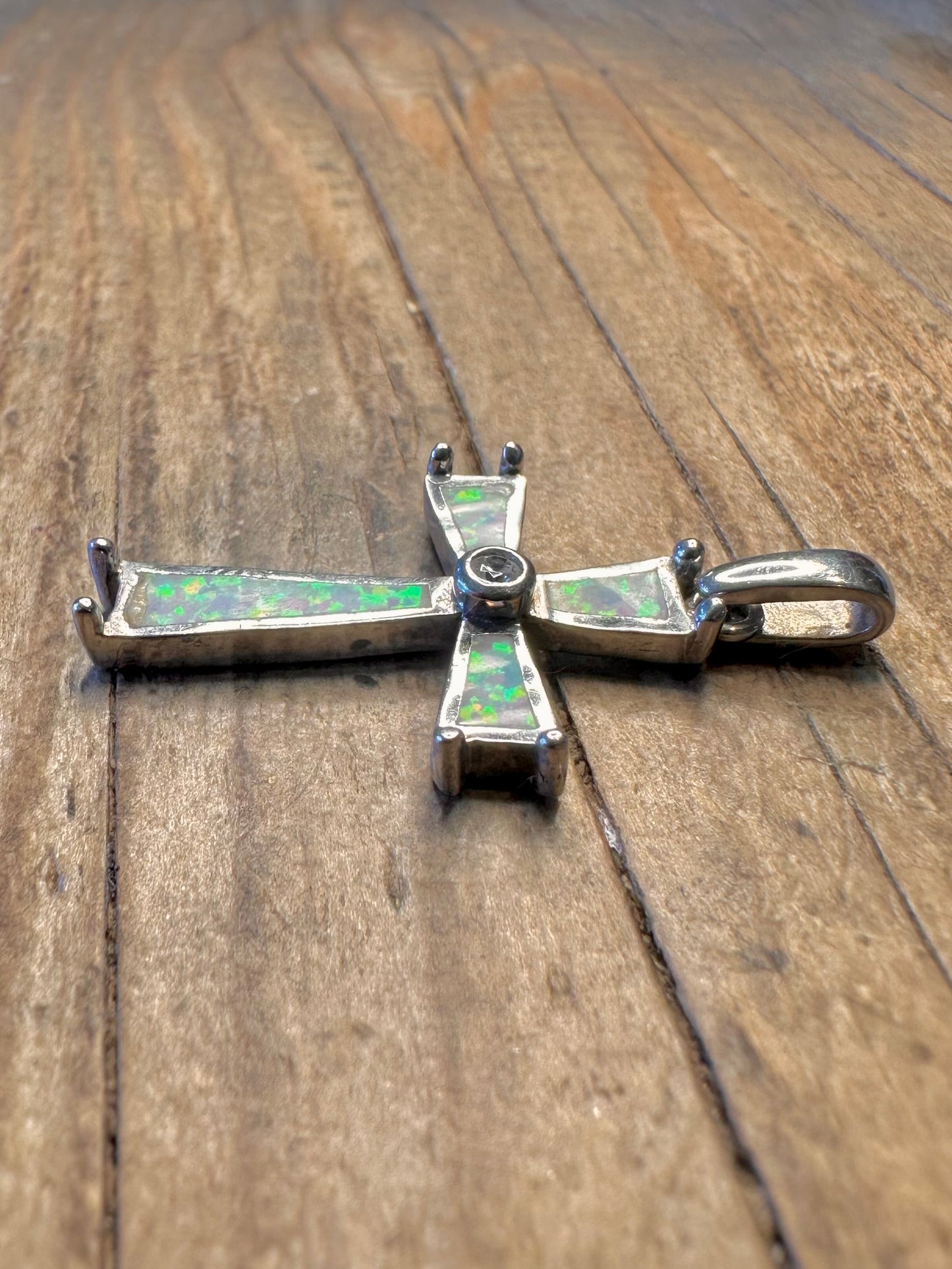 Opal and White Stone Cross 925 Sterling Silver Pendant
