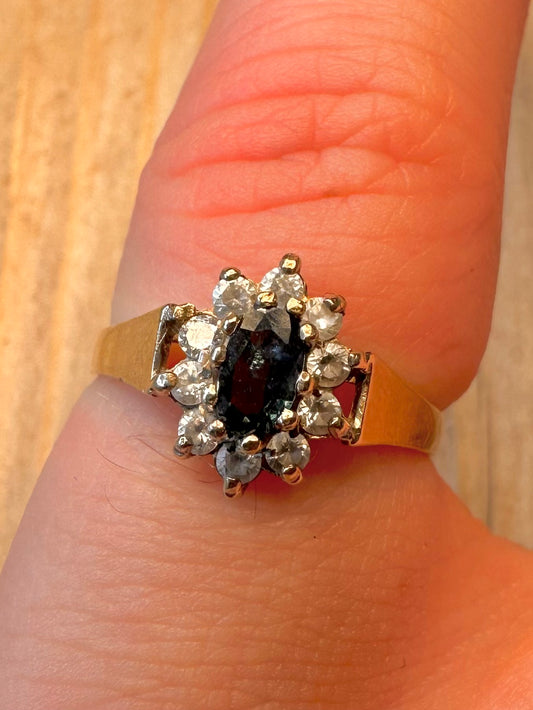 Vintage 9ct Gold 1987 Blue and White CZ Size J1/2 Ring