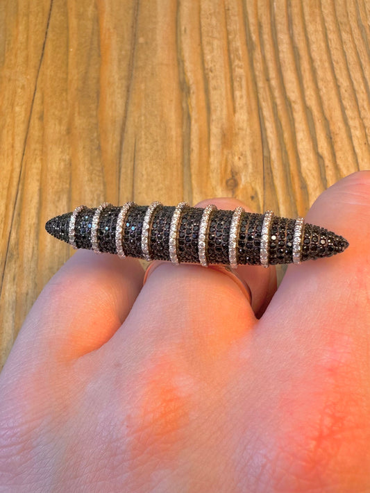 Large Long Black Stones Pointed Rose Gold Colour on 925 Sterling Silver Size M1/2 Ring