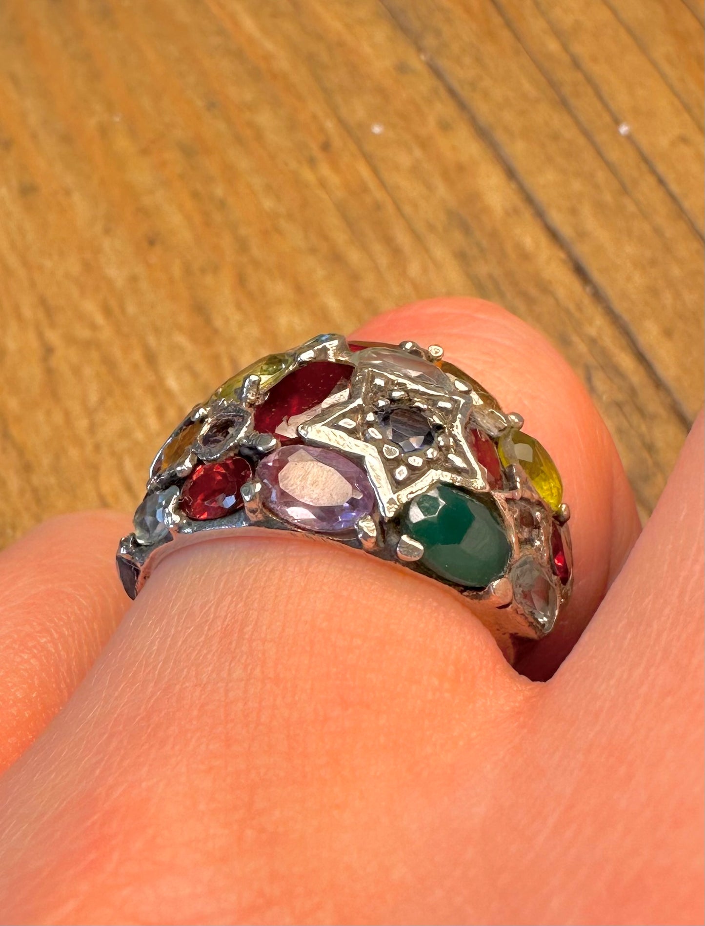 Multi Gemstone Star Dome 925 Sterling Silver Size N Ring
