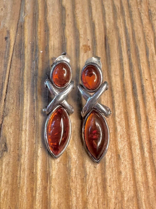 Modernist X Amber Dangle 925 Sterling Silver Earrings