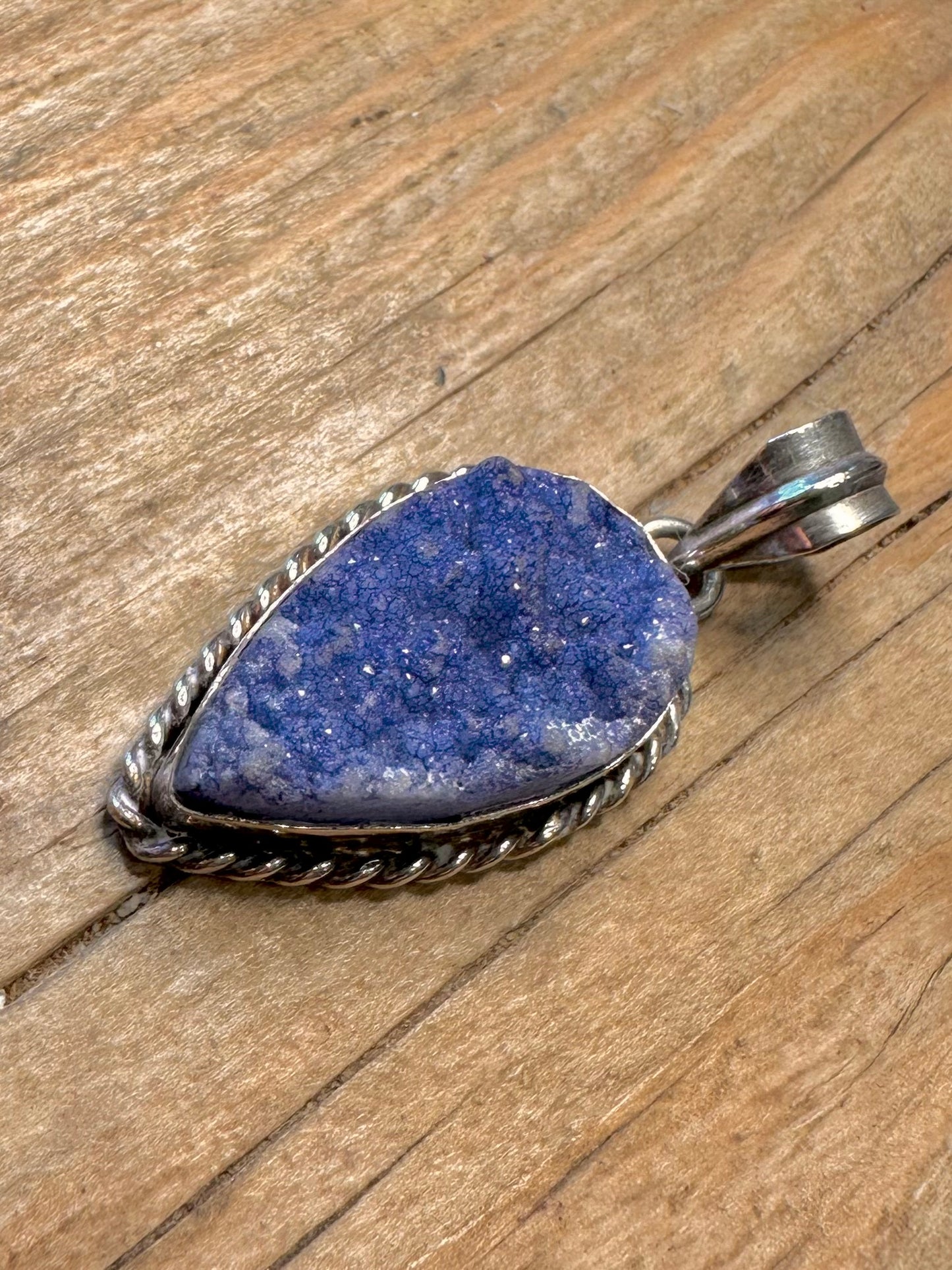 Vintage Blue Druzy Woven Pattern 925 Sterling Silver Pendant