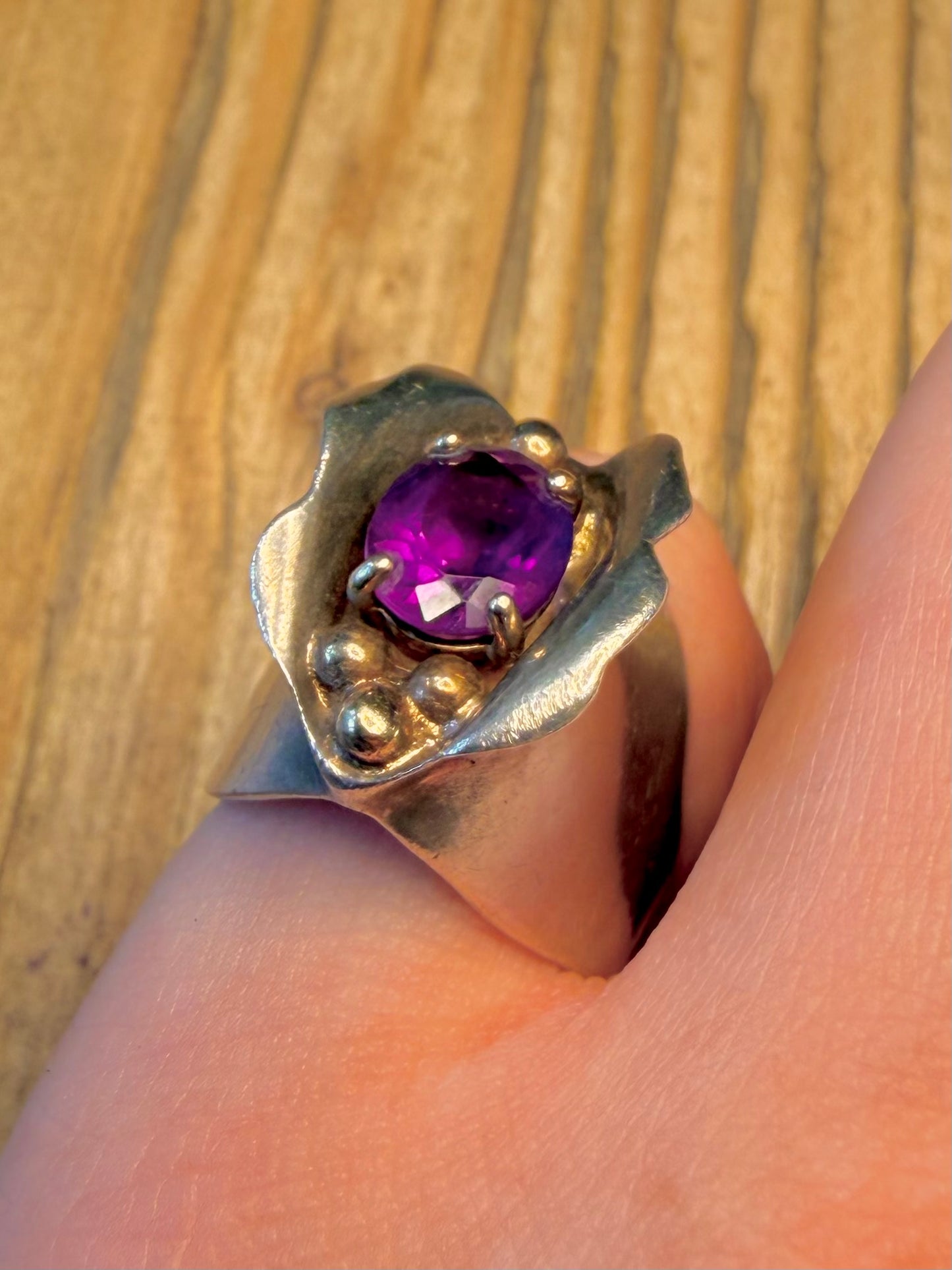 Abstract Handmade Amethyst and 14ct Gold Balls Maker JG 925 Sterling Silver Size M1/2 Ring