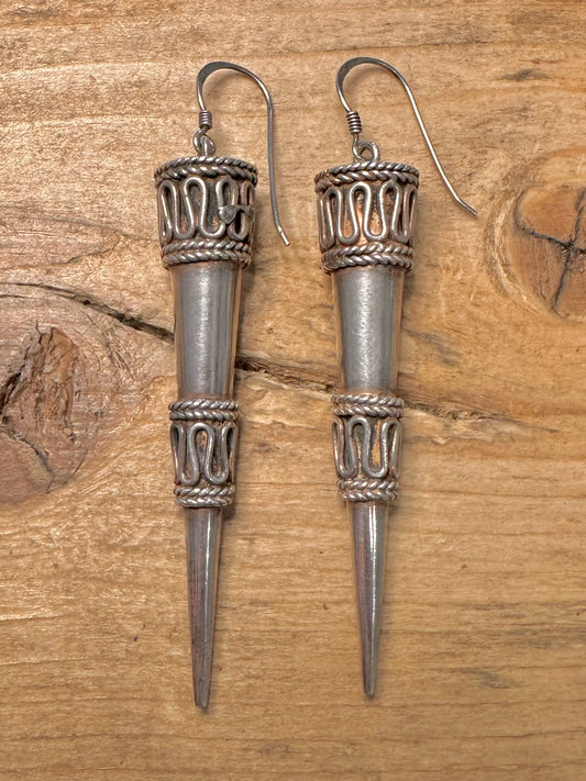 Vintage Tribal Spike Long 925 Silver Earrings