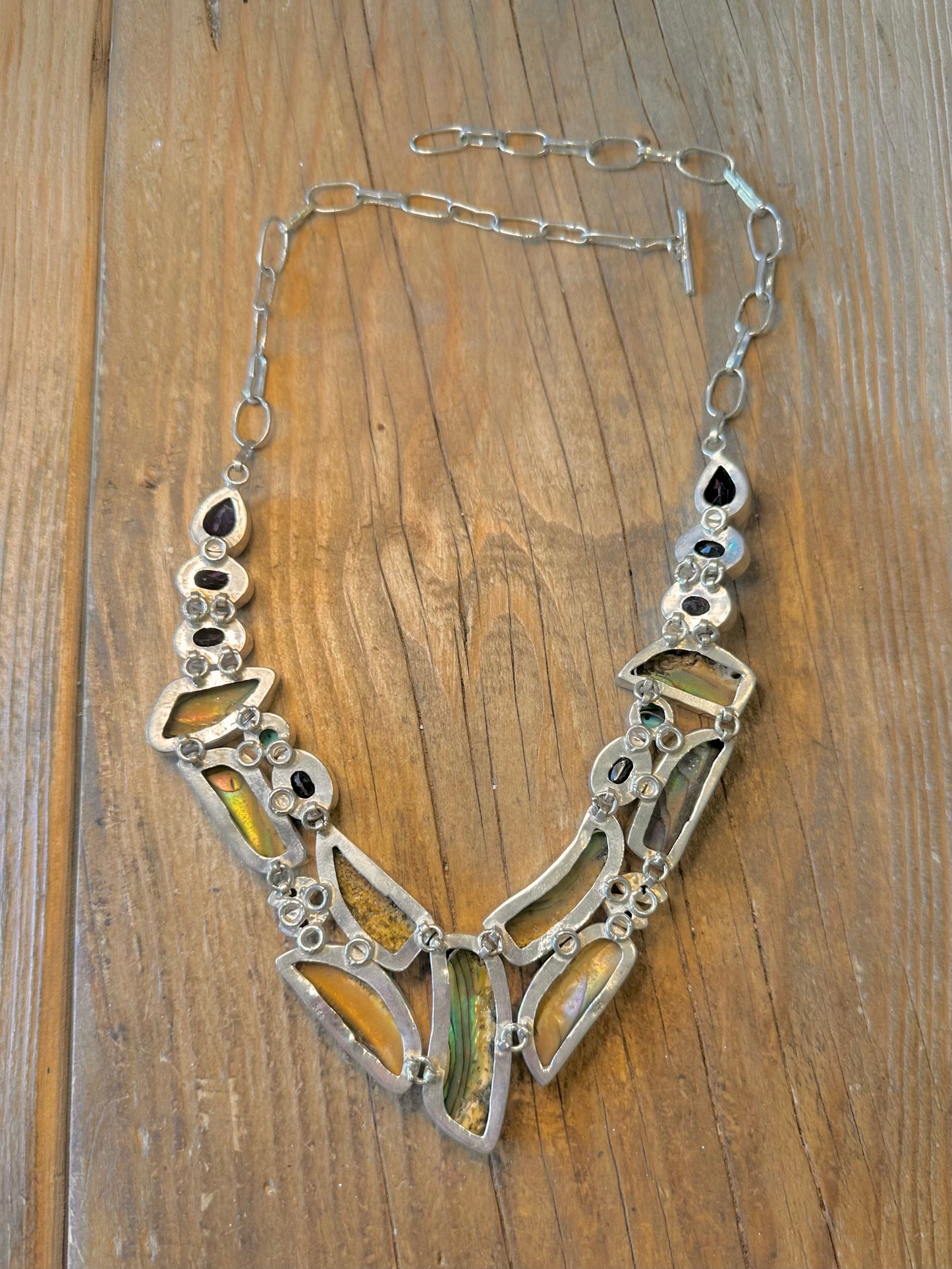 Abalone Amethyst and Pearl Large T Bar 925 Sterling Silver 20 inch Necklace