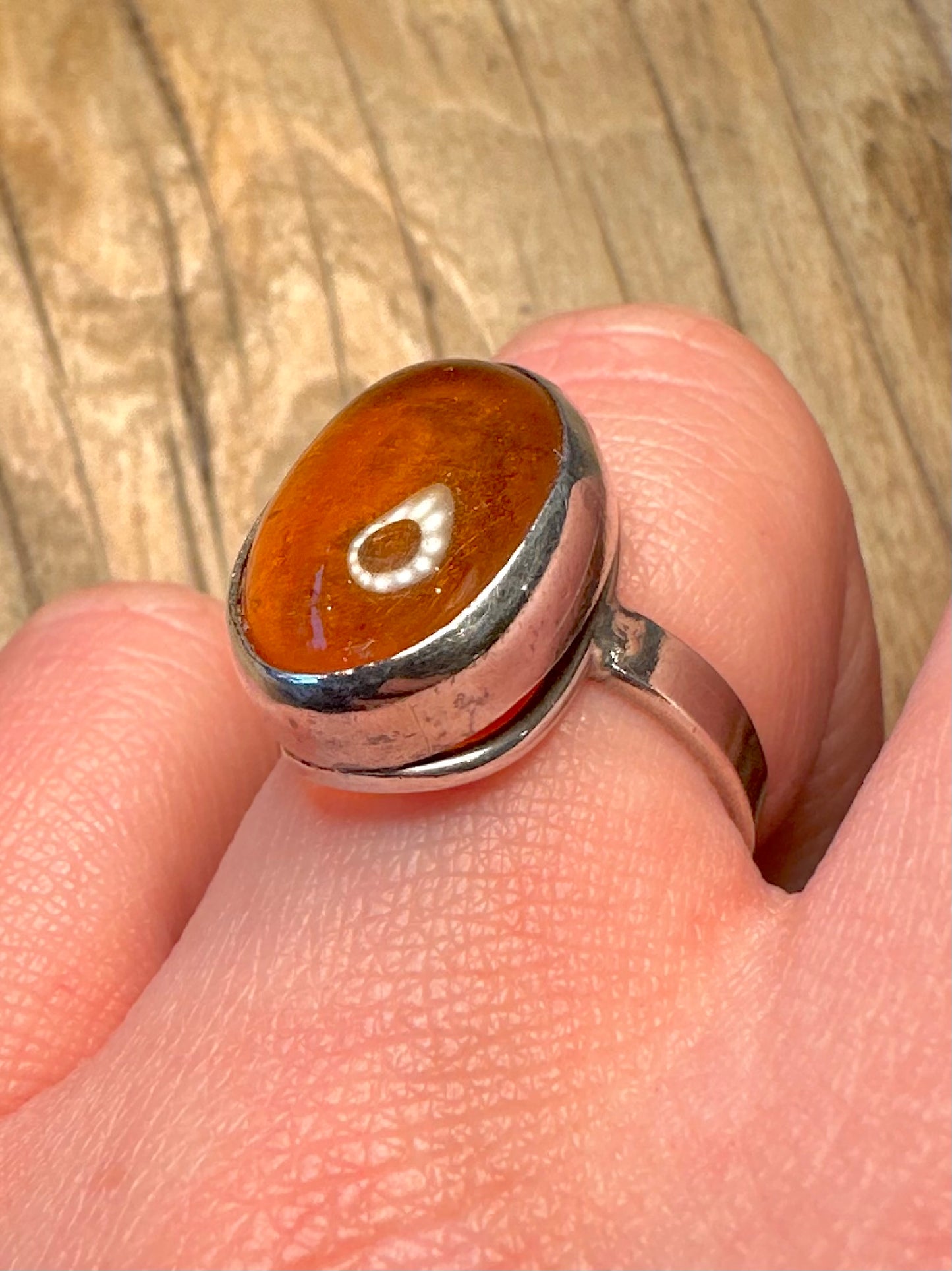 Vintage Oval Amber 925 Sterling Silver Size P Ring