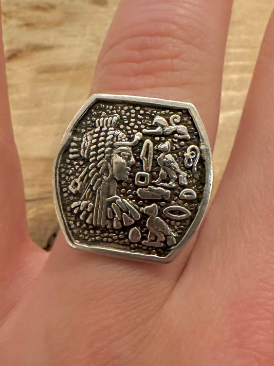 Vintage Egyptian Design and Hallmark Silver Size P Adjustable Ring