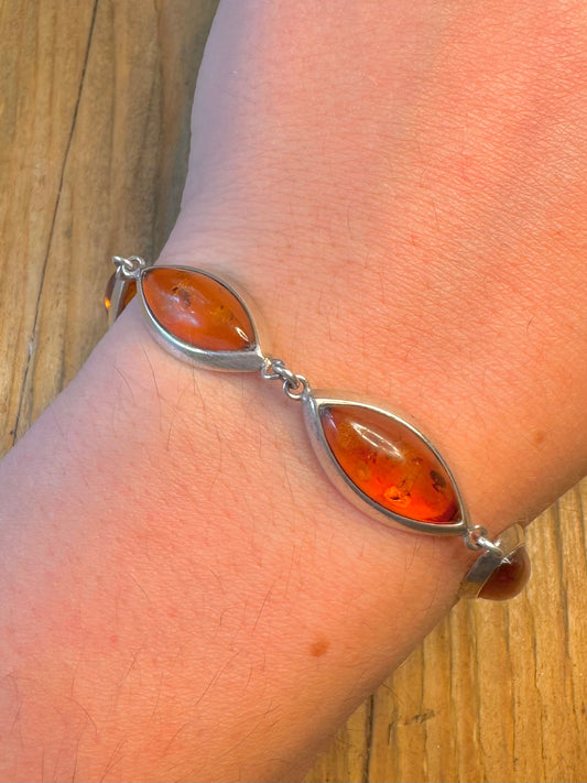 Amber Marquise Shaped 925 Sterling Silver 7.5 inch Bracelet