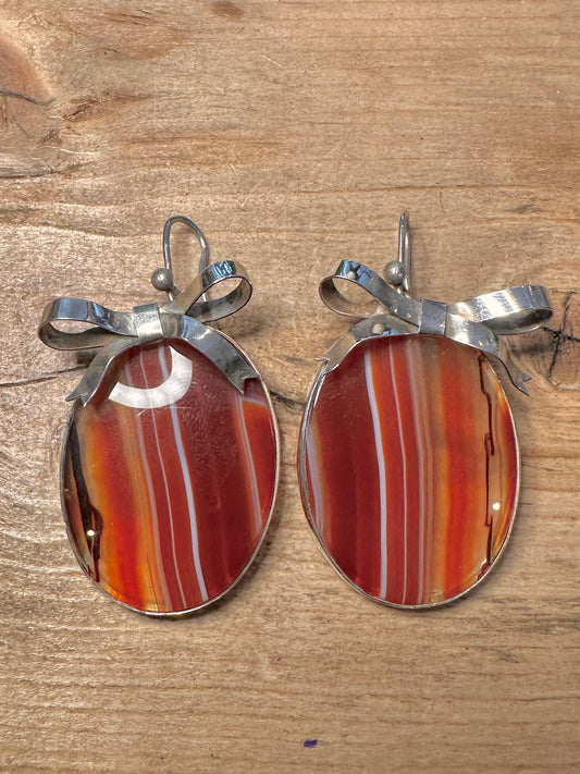 Vintage 1988 Large Banded Agate Bow 925 Silver Earrings