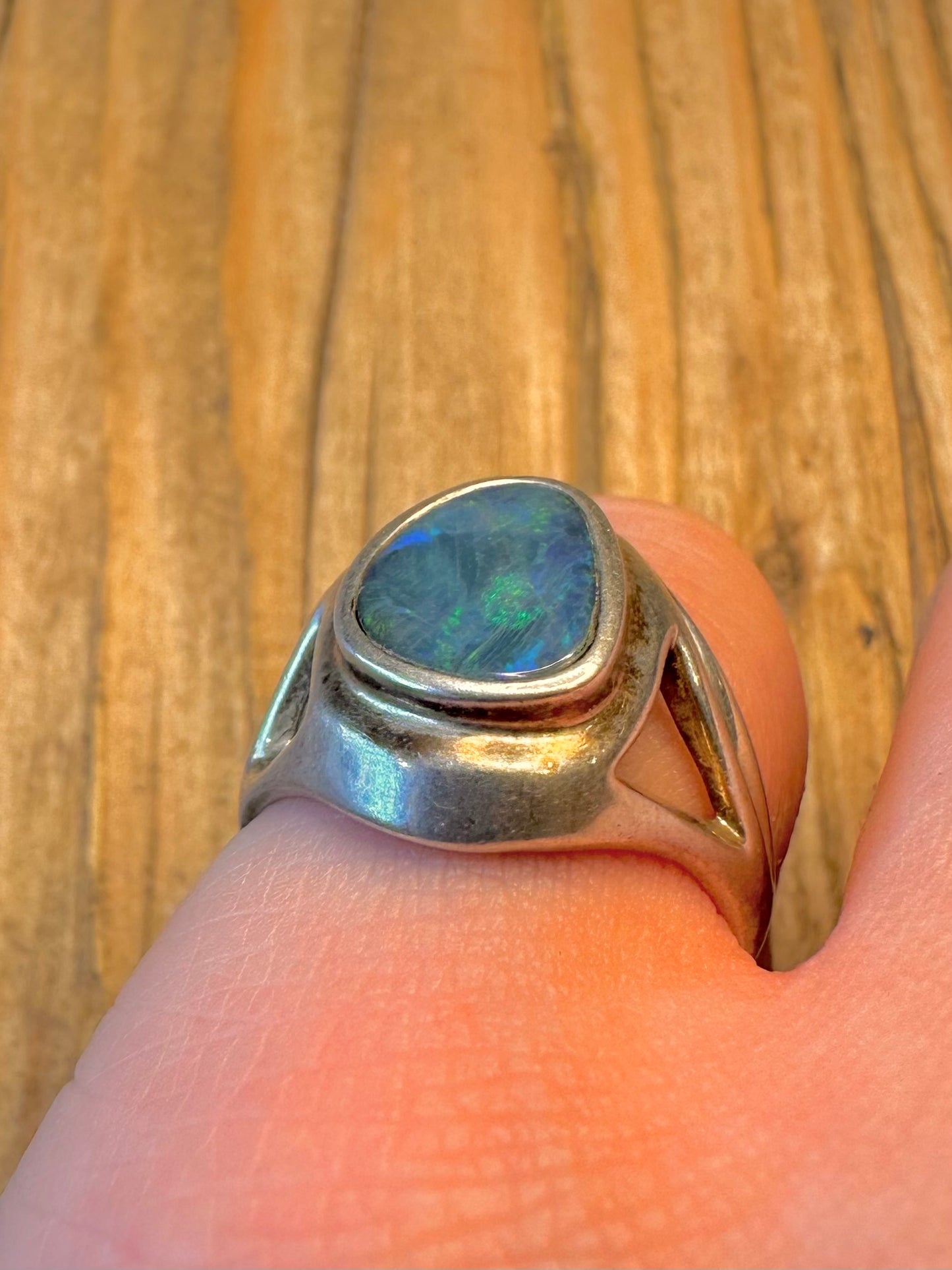 Blue Australian Opal Doublet 925 Sterling Silver Size O Ring