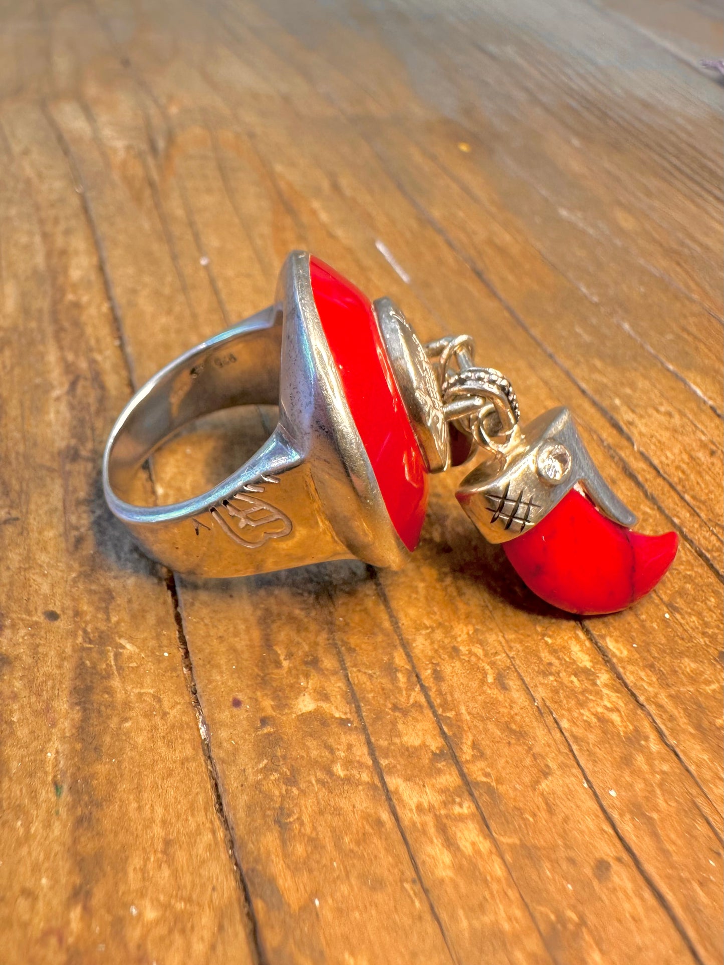 Chunky Red Horn Charm Ring 925 Sterling Silver Size O1/2 Ring