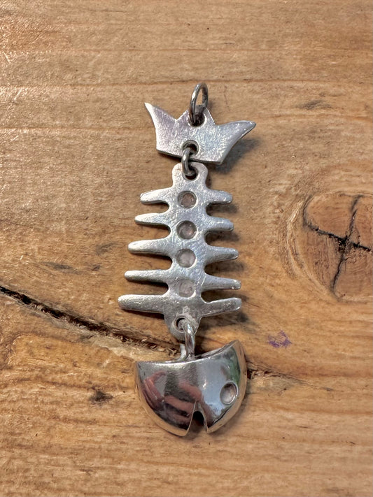 Vintage Articulated Fish Bones 925 Silver Pendant