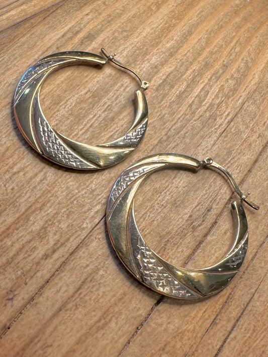 Vintage Textured Hoops 9ct Gold on 925 Silver Earrings