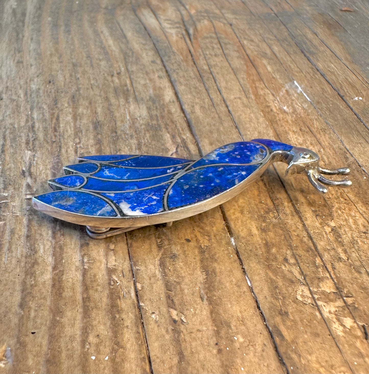 Pfauen-Lapislazuli-Intarsien-Anhänger/Brosche aus 950er Silber