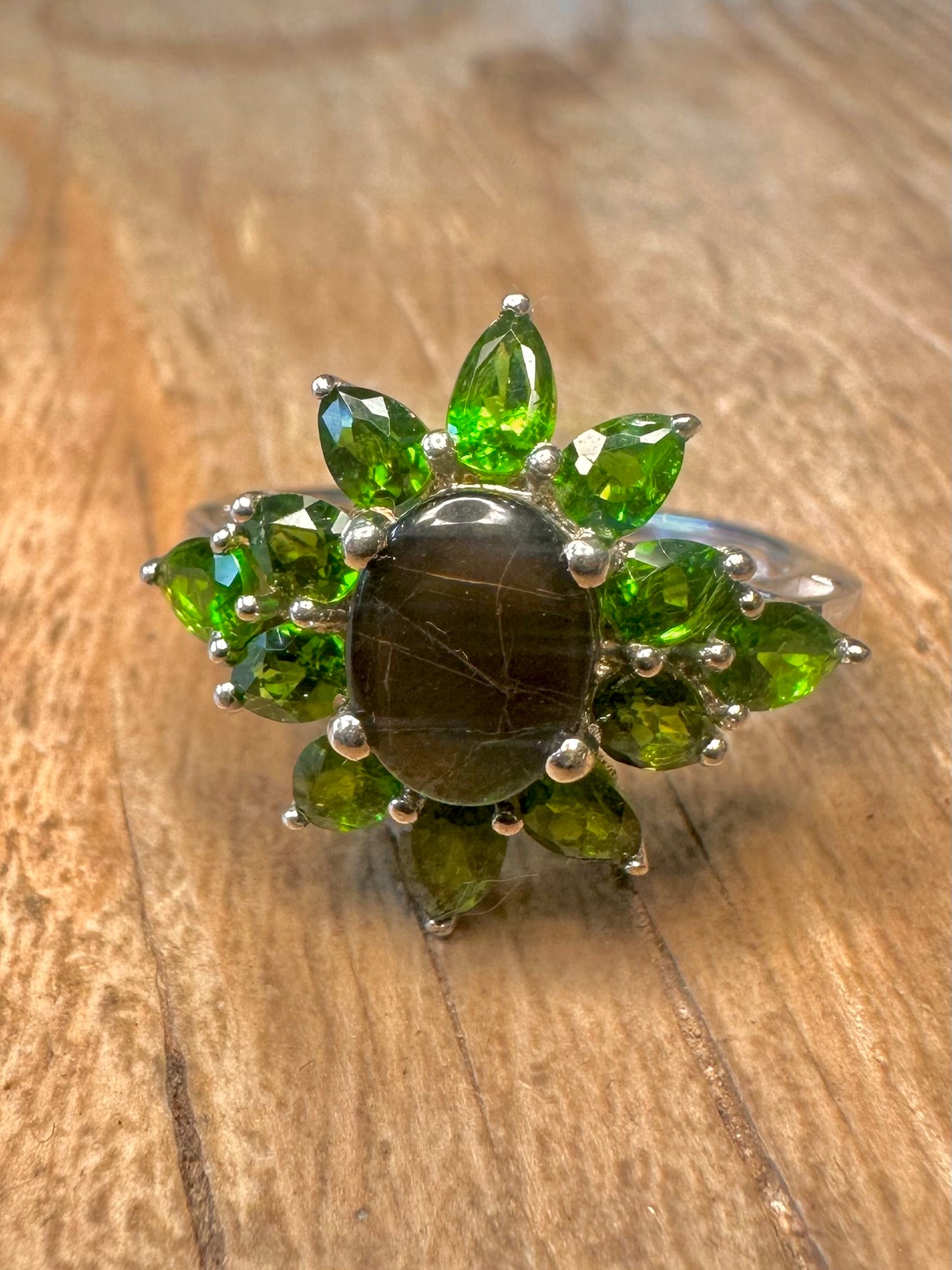 Vintage Dark Simulated Opal and Green Stones 925 Sterling Silver Size S Ring