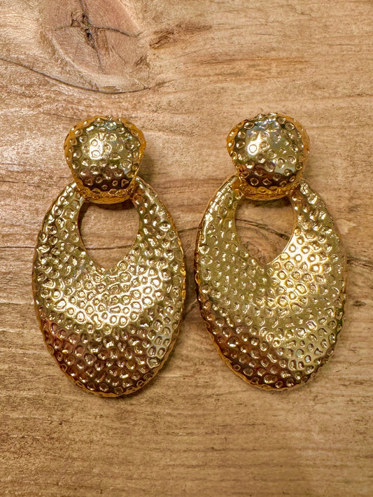 Vintage Large Oval Textured Gold Costume Earrings