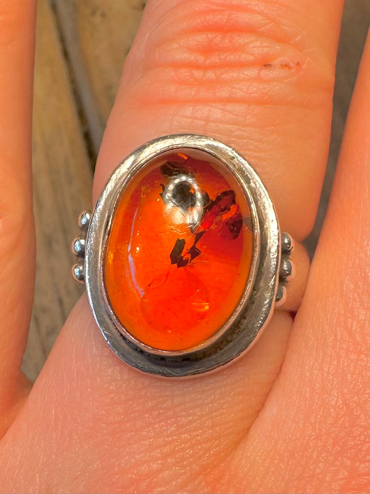 Vintage Oval Amber 925 Sterling Silver Size N1/2 Ring