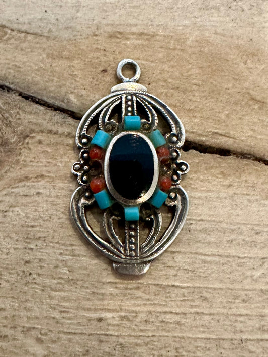 Vintage Turquoise and Coral Ornate 925 Silver Pendant