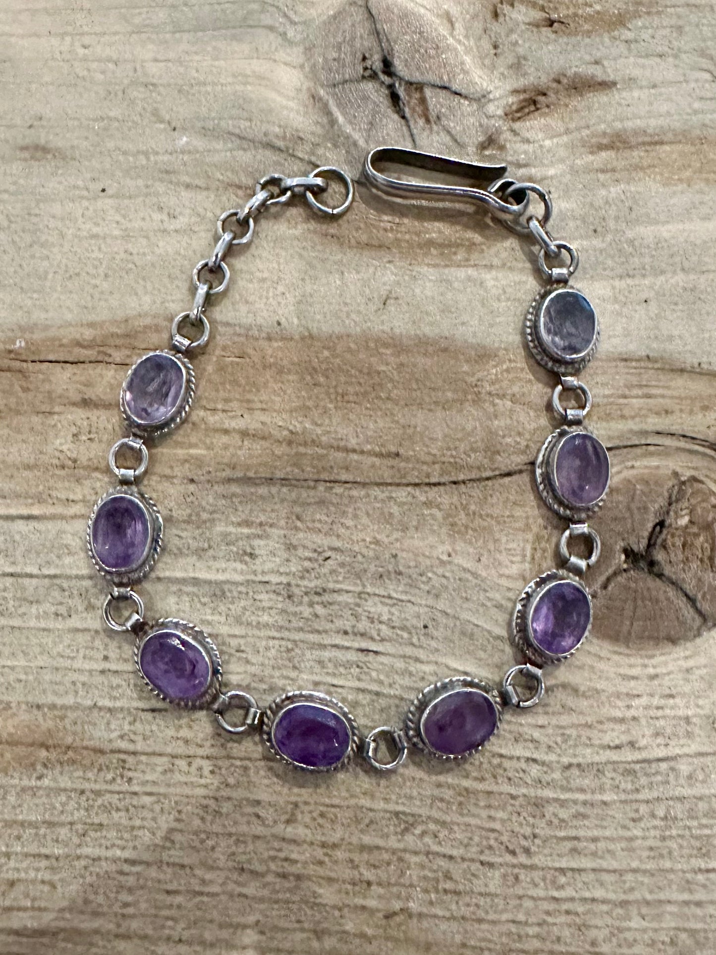 Vintage Amethyst Oval Link Hook Clasp 925 Silver 7.2 inch Bracelet