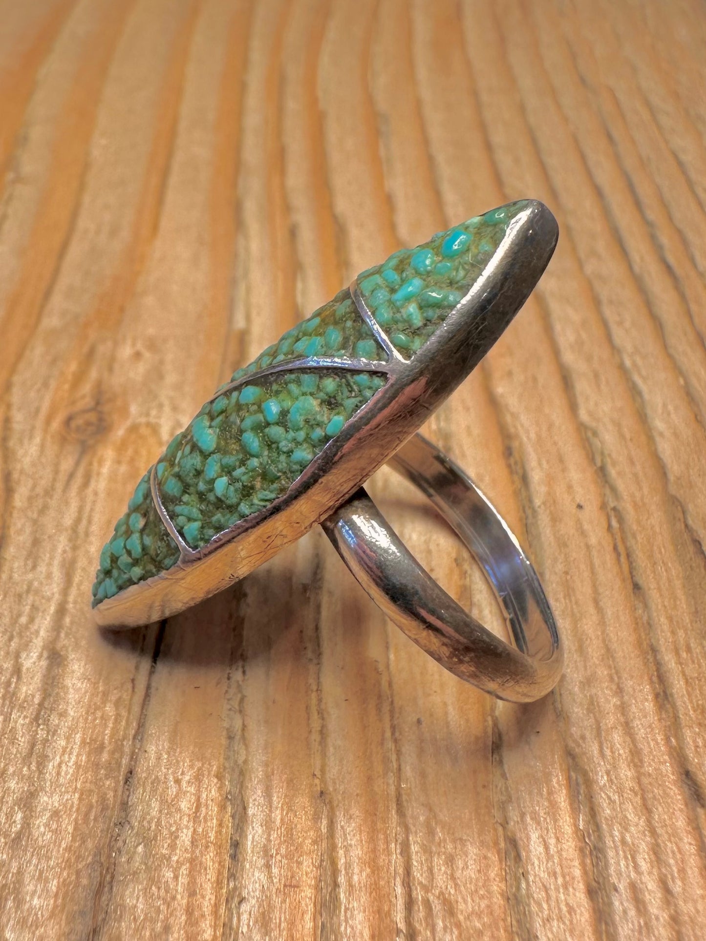 Vintage Turquoise Chip Elongated 925 Sterling Silver Size N1/2 Ring