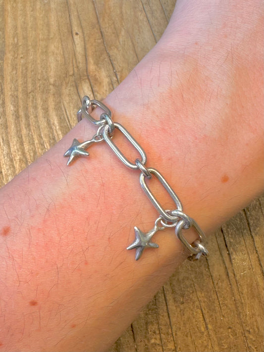 Paper Link T Bar with Star Pendants 925 Sterling Silver 7.5 inch Bracelet