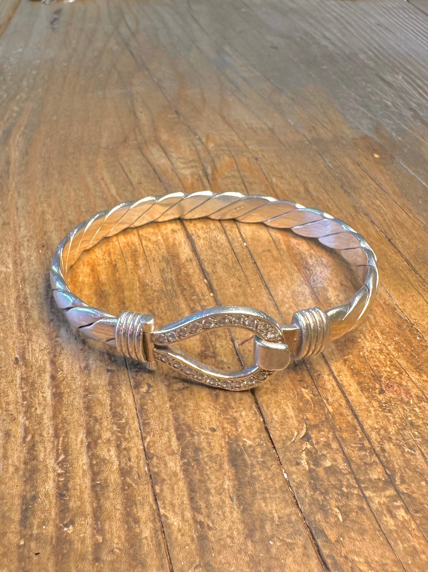Horse Shoe White CZ Stones Hook Clasp 925 Sterling Silver Bangle