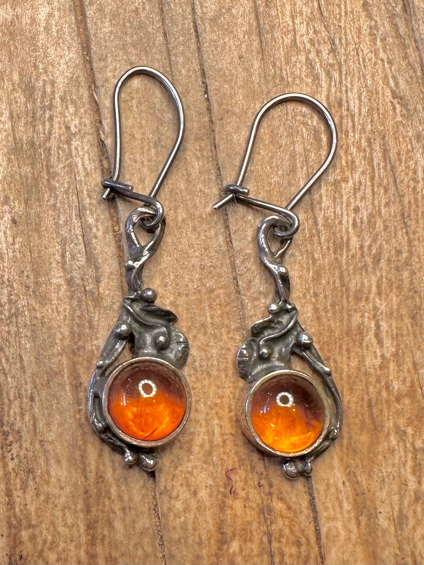 Vintage Amber Ornate 925 Sterling Silver Earrings