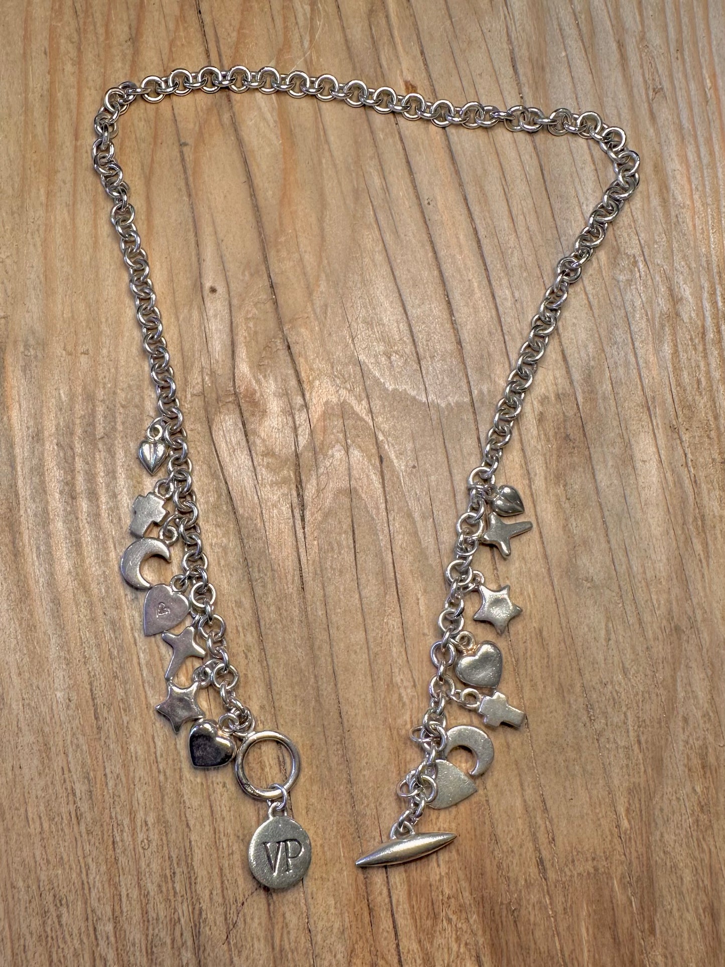 Vintage Van Peterson Belcher Cross Star Moon Charm 925 Sterling Silver 16.2 inch Necklace