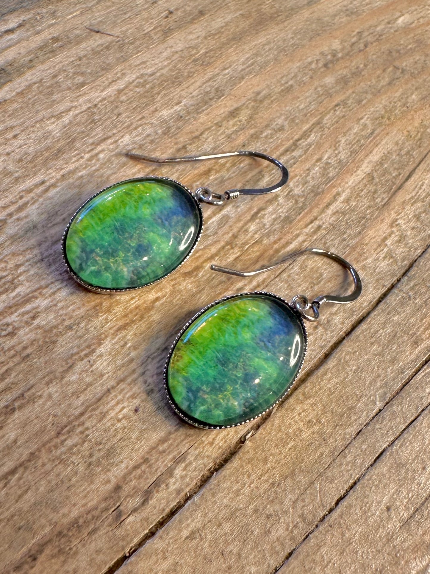 Vintage Green Blue Resin Oval 925 Sterling Silver Earrings
