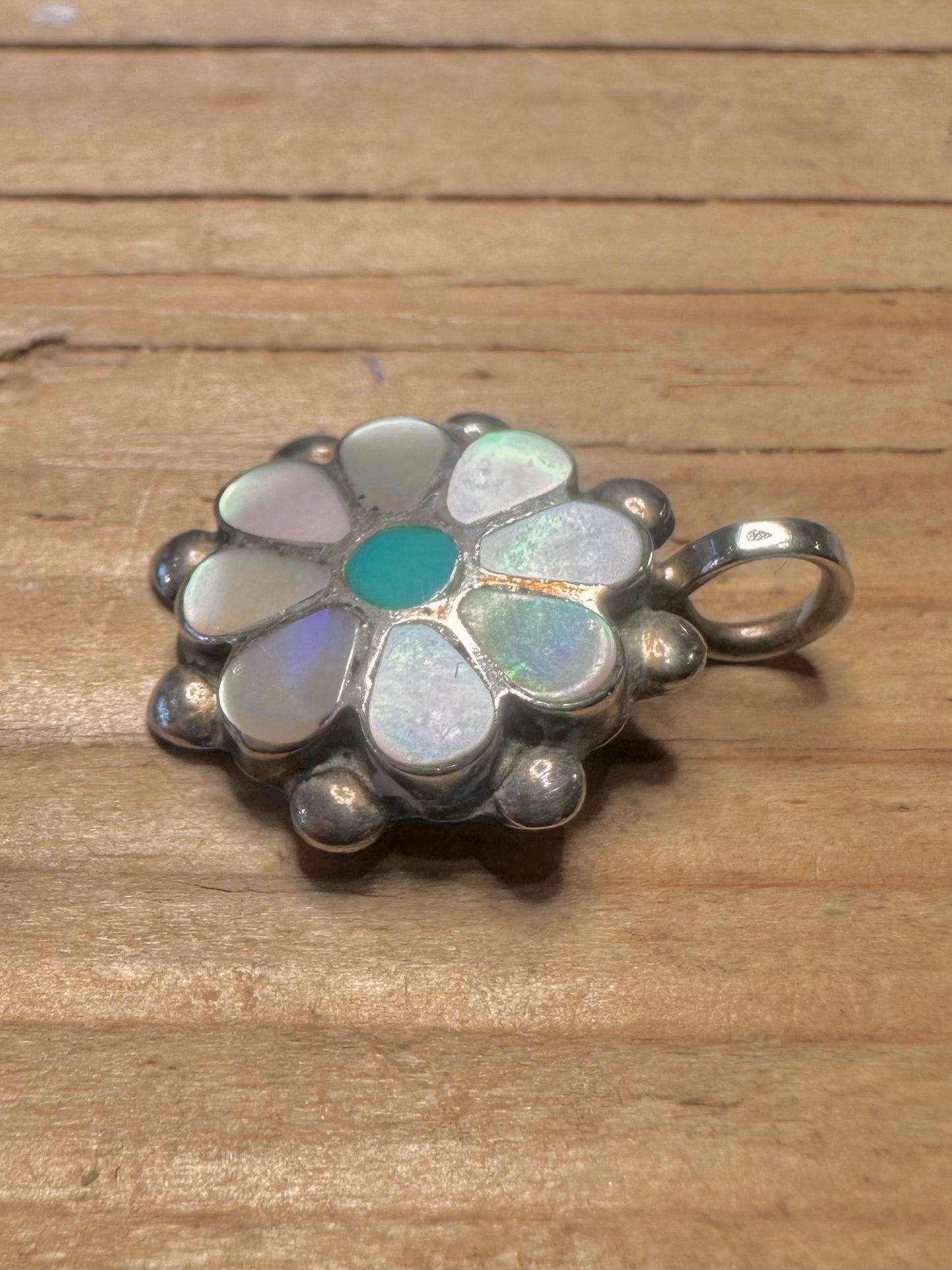 Vintage Zuni Mother of Pearl And Turquoise Maker Benina Kallestewa 925 Sterling Silver Pendant